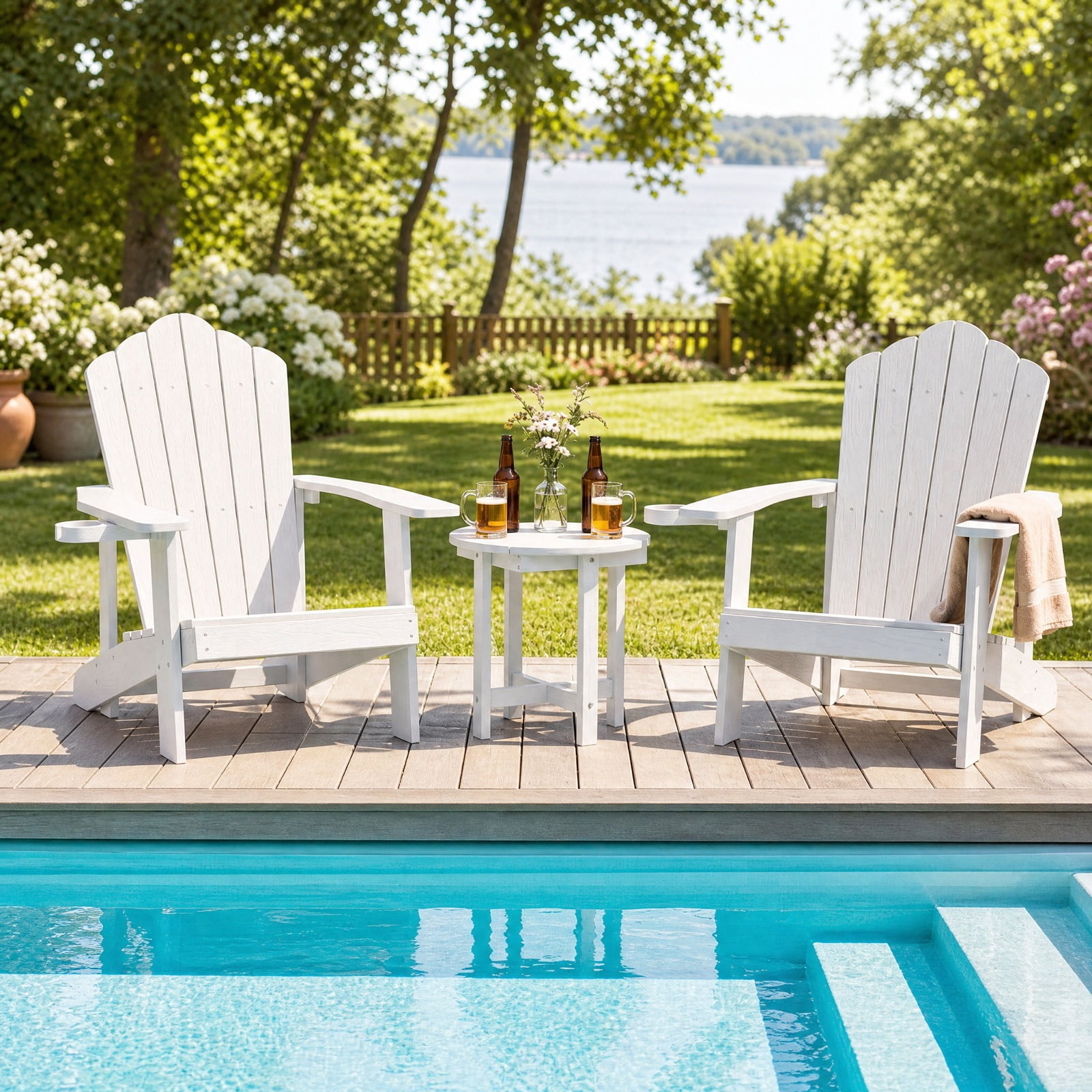 Biotree 18 Inch Adirondack Side Table Outdoor, All-Weather HIPS End Table with Wood-Grain Slatted Top and X-Base for Deck Porch Poolside, White