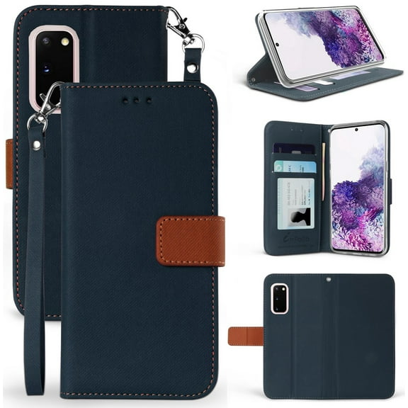 Case for Galaxy S20, [Navy Blue/Brown] Infolio Wallet Credit Card Slot ID Cover, View Stand [Magnetic Closure, Wrist Strap Lanyard] for Samsung Galaxy S20 Phone