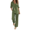 thumbnail image 2 of YABCSAZ Women's Cotton Linen 2-Piece V-Neck Top and Wide Leg Pants Set Casual Summer Outfits Lightweight Breathable Loose Fit Two Piece Set Green, Gifts for Women, 2 of 8