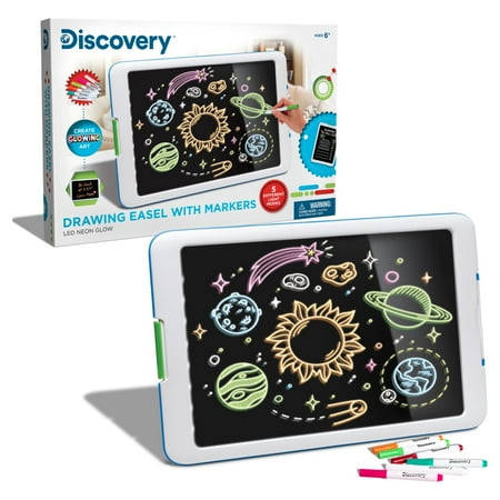 Discovery Kids Neon Glow Drawing Easel w/Color Markers, Built-in Kickstand/Wall Mount, Choose from 6 Light Modes, Easy to Clean/Washable, Wide Screen, Flat Storage, Great for Children, Multicolor