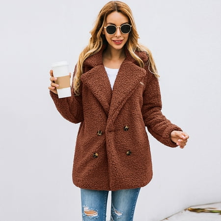 DKJ Women Faux Fur Jacket Fuzzy Teddy Bear Notch Lapels Touble Breasted Buttons Pockets Oversized Casual Coat DKJ Women Faux Fur Jacket Fuzzy Teddy Bear Notch Lapels Touble Breasted Buttons Pockets Oversized Casual Coat
