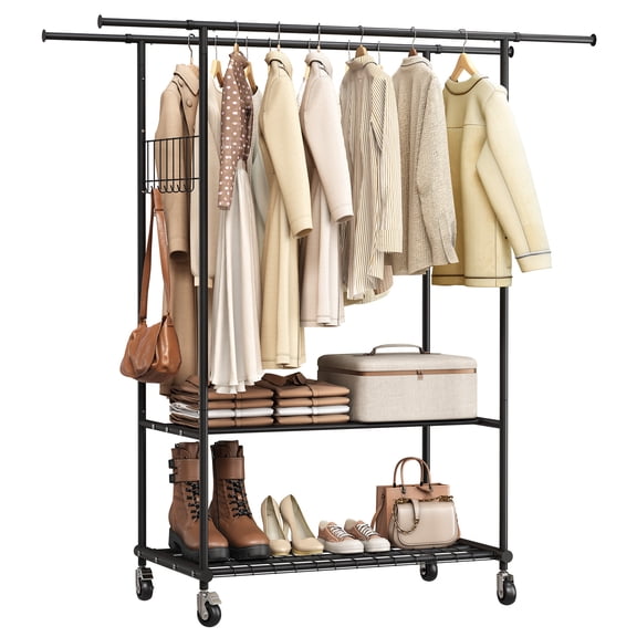 Wisykoke Double Rods Clothes Rack, Heavy Duty Rolling Clothing Rack with Shelves and Side Hooks for Hanging Clothes, 550 lbs Capacity, Metal Adjustable Portable Garment Rack