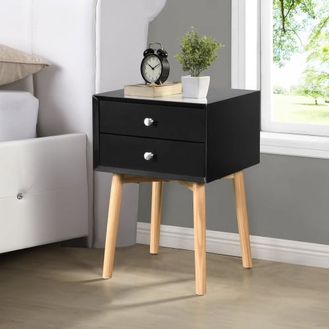 Mesita de noche, con dos cajones y patas de mesa de madera de goma, taquilla de estilo moderno medieval, adecuada para dormitorios y salas de estar, negra