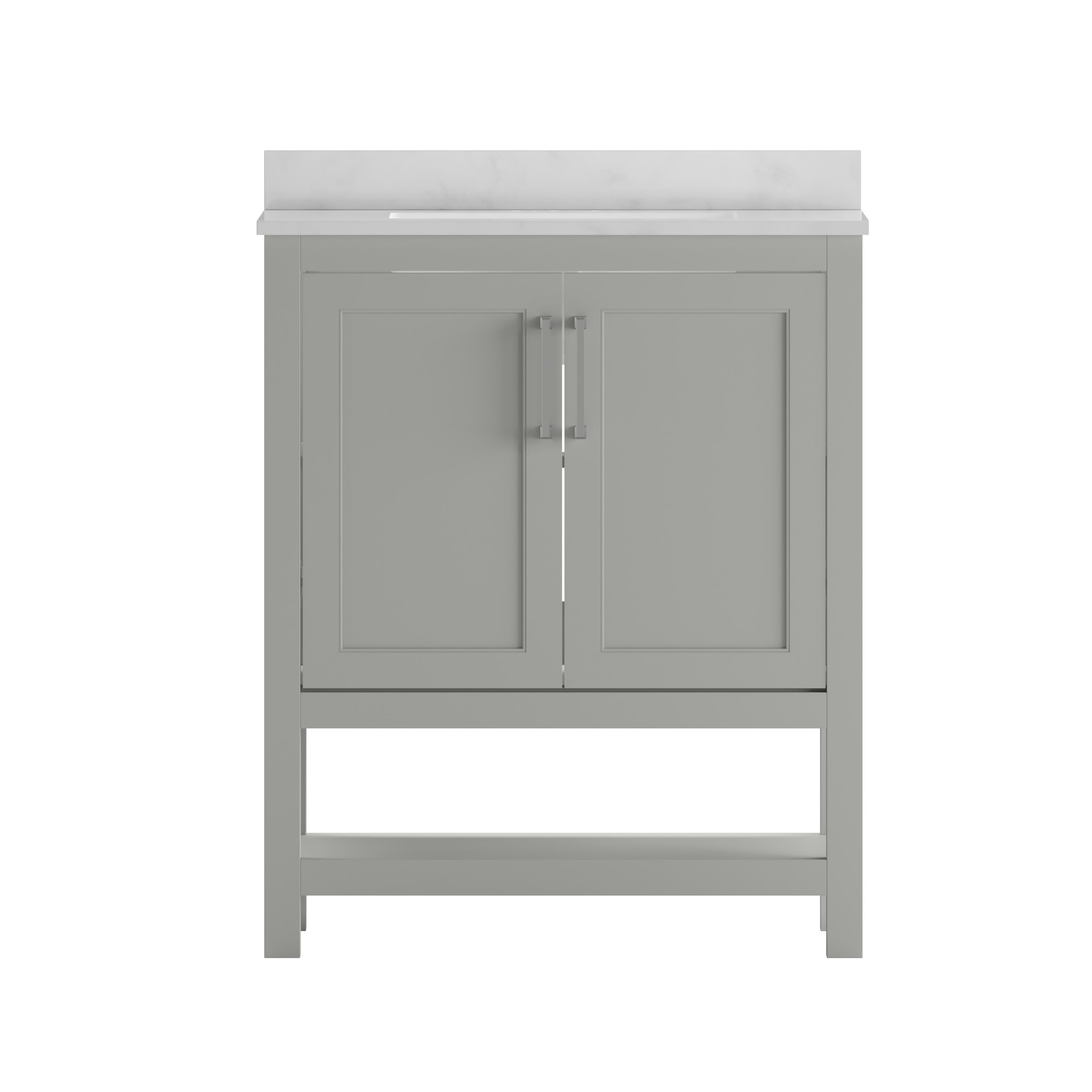 BizChair 30 Inch Bathroom Vanity with Sink Combo, Storage Cabinet with Soft Close Doors and Open Shelf, Carrara Marble Finish Countertop, Gray/White