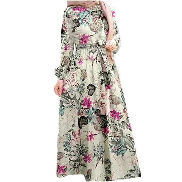 Women's Cotton Linen Maxi Dress Long Sleeve Button Crewneck Pleated Long Dress Floral Print Casual Loose Belted Dress
