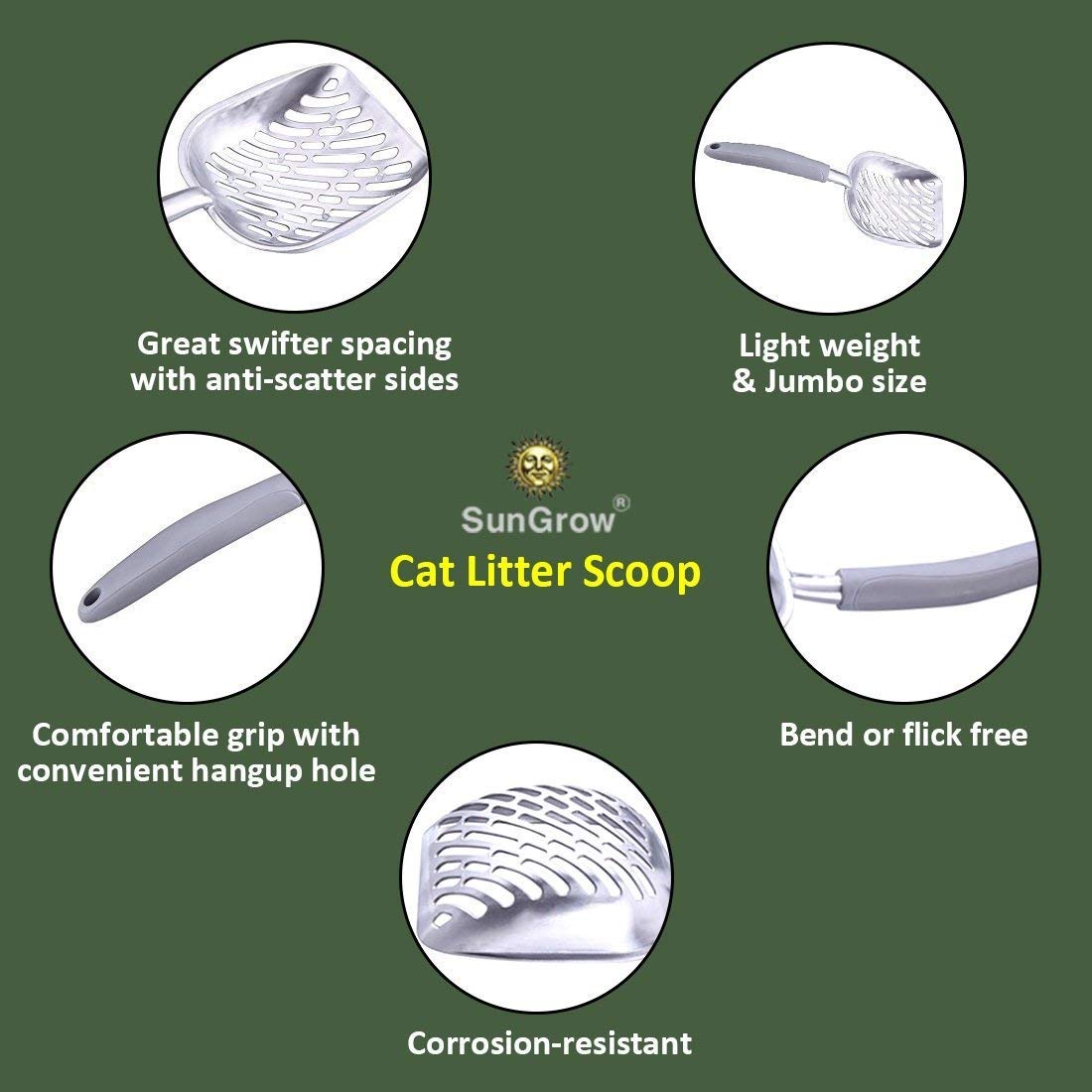 SunGrow Durable Metal Cat Litter Scoop with Rubber Handle, Gray photo 4