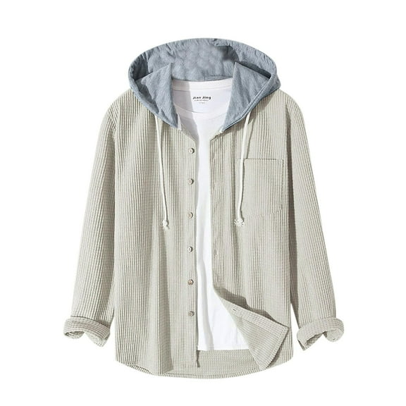 ZCFZJW Men Corduroy Hoodie Shirts Jacket Casual Long Sleeve Patchwork Waffle Long Sleeve Jacket Button Down Sweatshirts Hoodies Tops with Pockets Beige XL