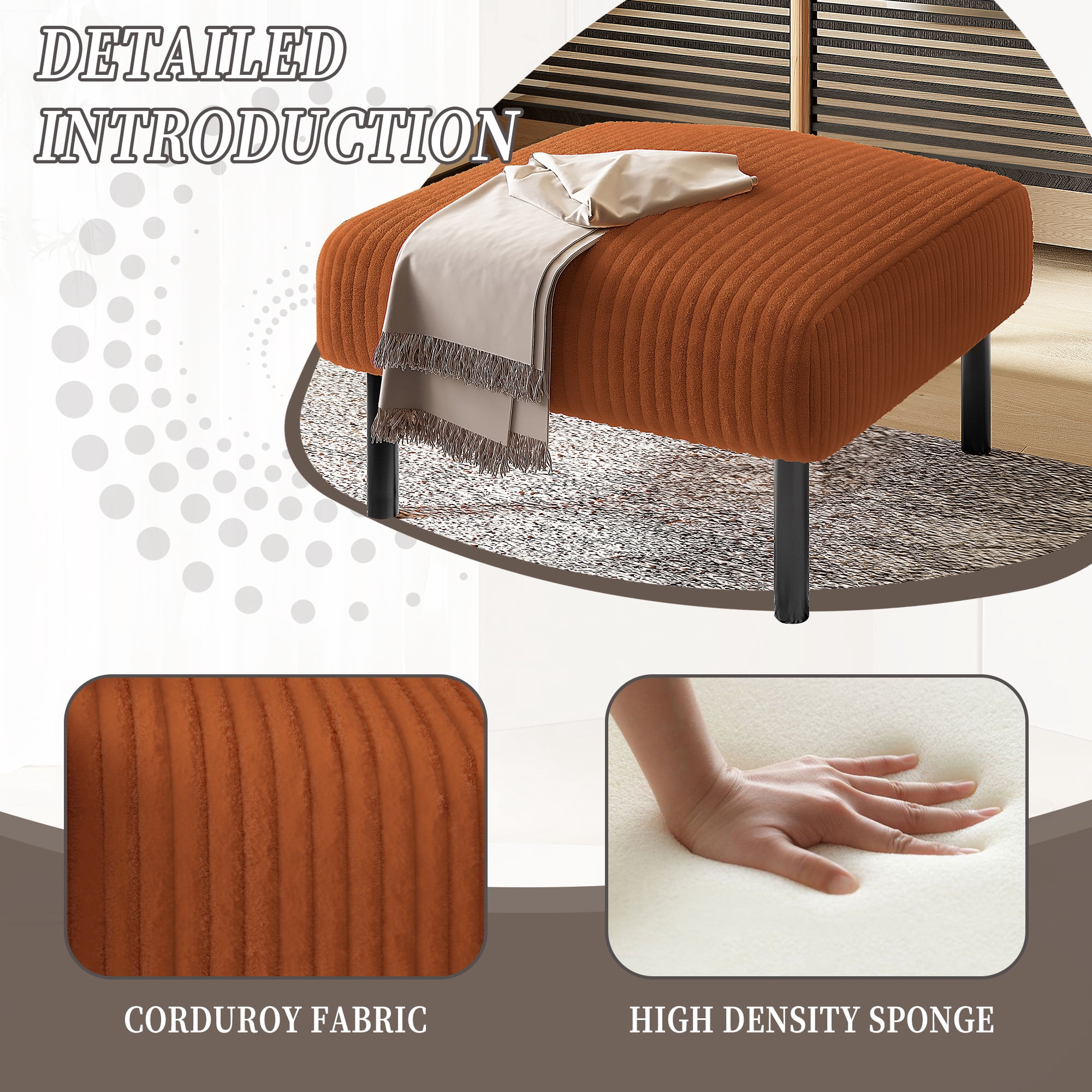 MOONMISS Corduroy Upholstered Mid-century Modern Square Wood Frame Ottoman with Soft Padded Seat-Orange
