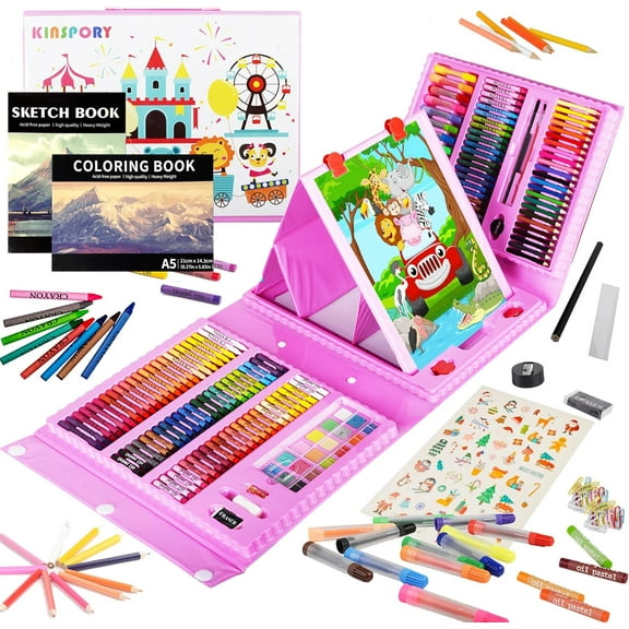 Art Supplies, 290 Pack Art Sets Crafts Drawing Coloring kit, Double-Side Trifold Easel, Oil Pastels, Crayons, Colored Pencils, Creative Gift for Beginners Artists Girls Boys Kids (Pink)