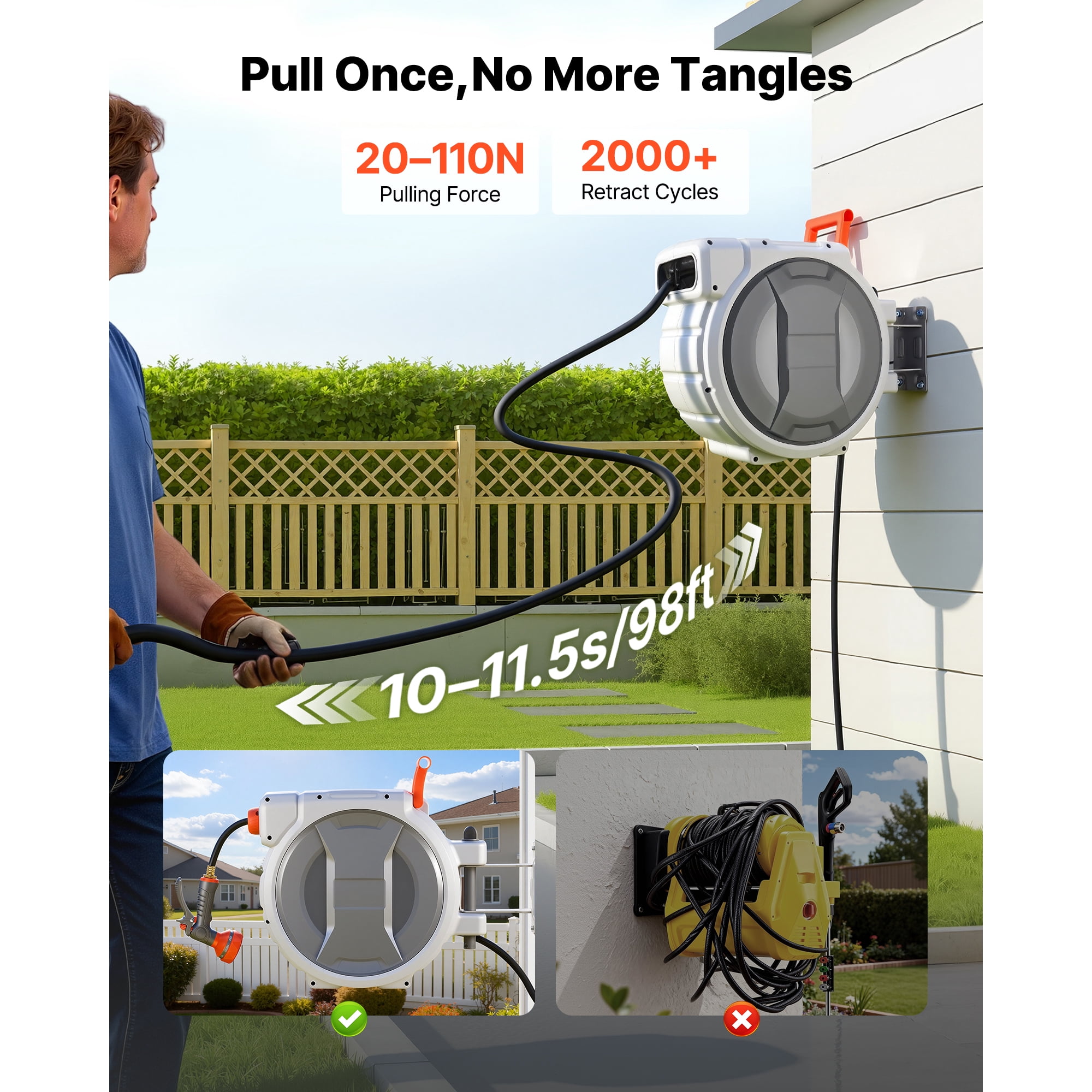 KFFKFF Retractable Garden Hose Reel, 1/2 in x 100 ft, Wall-Mountable with 9-Pattern Spray Nozzle, 180° Swivel Bracket, Adjustable Length Lock, and Automatic Slow Rewind for Watering Tasks