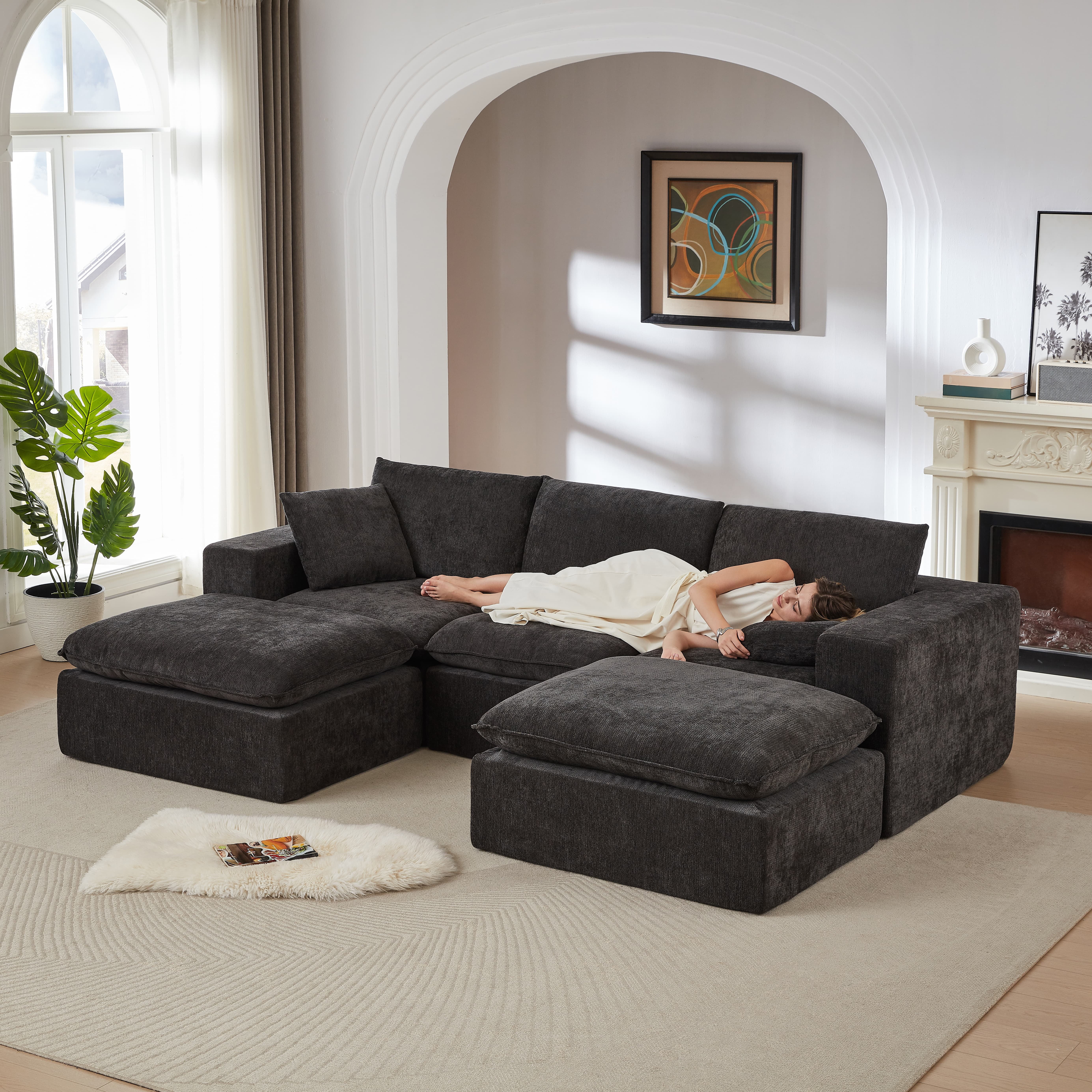 MAYEERTY Modern Modular Chenille Sofa, Black Cloud-Soft Sectional Couch for Living Room