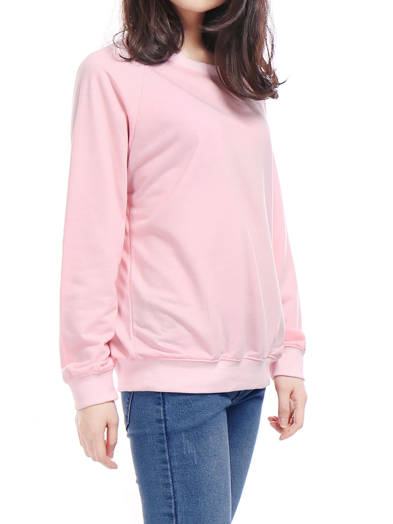 Ladies Ribbed Trim Crew Neck Long Raglan Sleeves Sweatshirt Pink XS | Walmart Canada