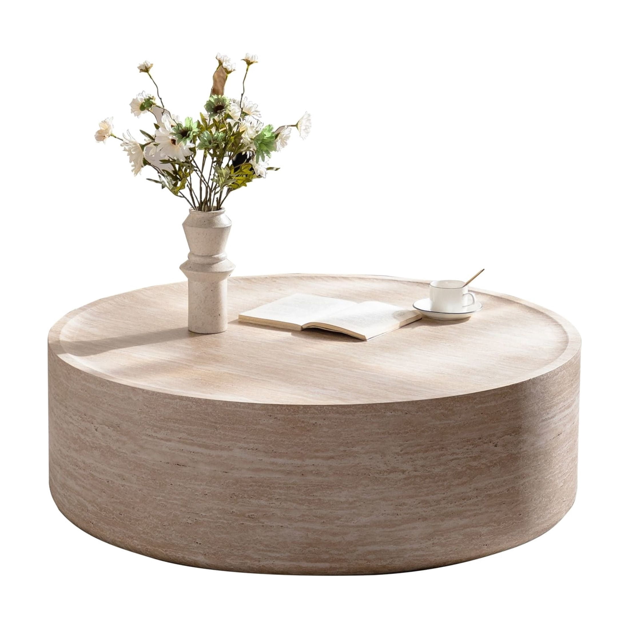 Noble House Xandric 39.37" Round Drum Coffee Table with Mars Pattern, Modern Magnesium Oxide Accent Table, Amber