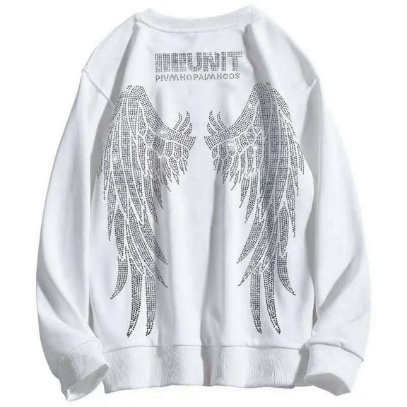 IWRICH Men's Angel Wings Crew Neck Sweatshirts Rhinestones Streetwear Oversized Pullover Tops Graphic Fashion Tees White XL