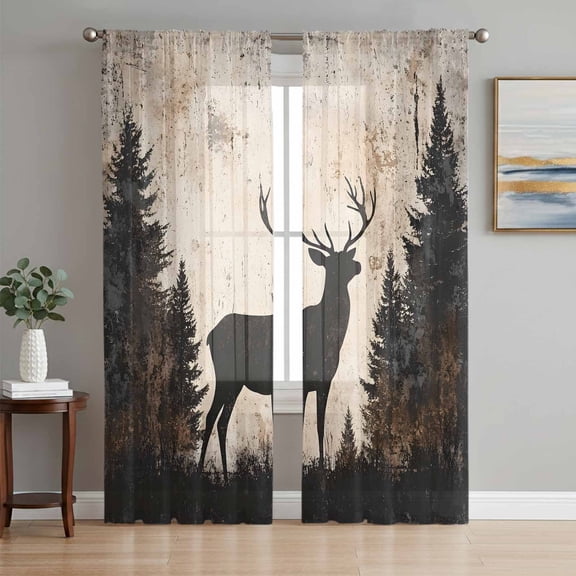 Vintage Forest Deer Semi Sheer Window Curtains 96 Inches Long, Rustic Country Wildlife Woodland Rod Pocket Voile Silky Chiffon Curtain Light Filtering Drapes for Living Room, 52"x96", 2 Panels