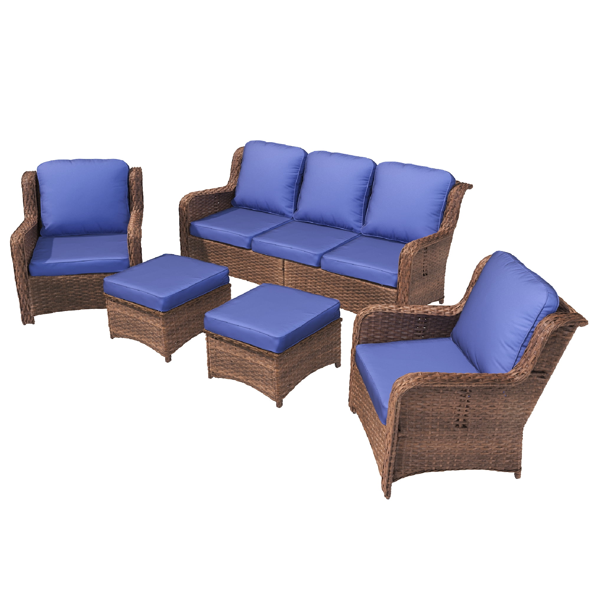 Hzzkey Patio Furniture Set, 5 Pieces Outdoor Sectional Sofa Set, All-Weather Wicker Rattan High Back Patio Conversation Set with Ottoman for Poolside, Backyard, 4.33" Thick Cushions, Navy Blue