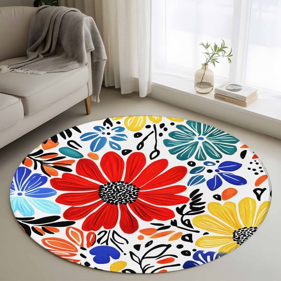 Round Rugs 3Ft, Spring Floral Round Area Rug Washable Indoor Throw Carpet, Watercolor Botanical Flowers Summer Small Non Slip Circle Rug for Bedroom Living Room Home Decor Aesthetic