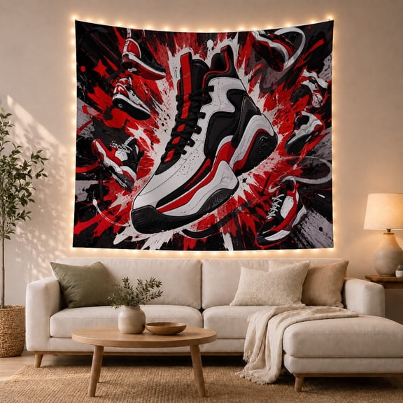 Oversized High-Top Sneaker on Abstract Red and Black Brushstroke Background, Energetic Illustration for Teen Boys, Graphic Wall Art Decor, Birthday Gift Tapestry Wall Hanging for Bedroom and Dorm