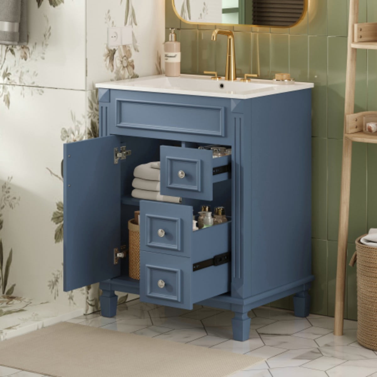 24" Bathroom Vanity with Sink, Modern French Style Bathroom Cabinet with Ceramic Sink, Small Bathroom Storage Cabinet with 2 Drawers, Adjustable Shelf, Blue