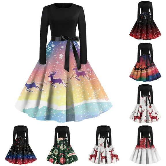 Christmas Dresses for Women Women's Christmas Printed Long Sleeve Round Neck Plus Size Evening Prom Dresses for Formal Christmas Party,Blue,L