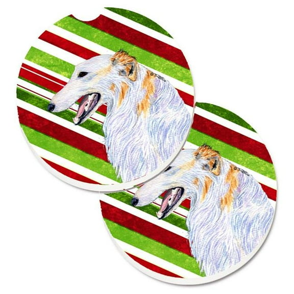 Borzoi Candy Cane Holiday Christmas Set of 2 Cup Holder Car Coaster