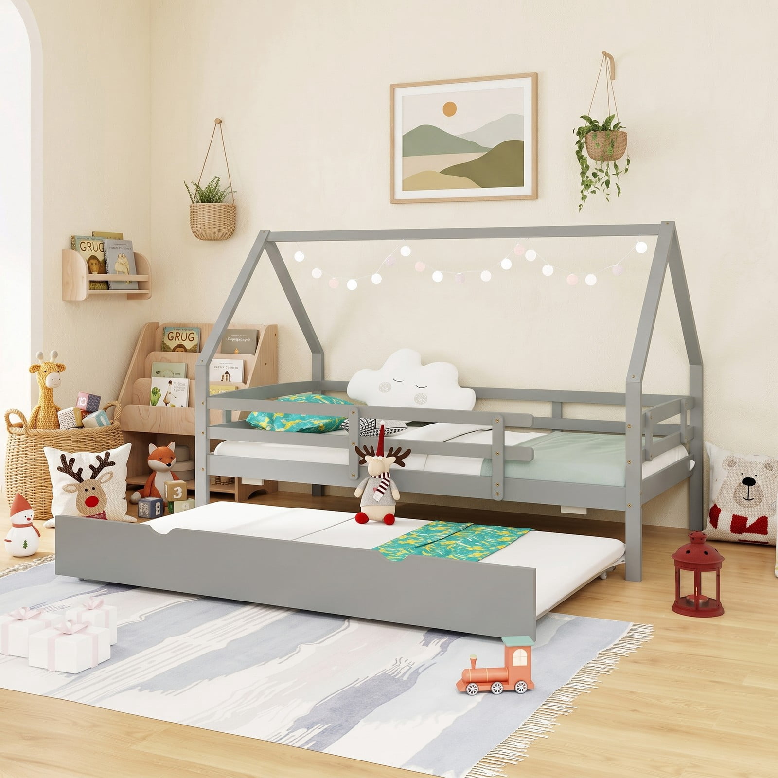 Furnibear Twin Bed Frame, House Bed with Pull Out Trundle and Fence Rail Guards, Montessori Floor Bed with Slat Support for Kids Room, Gray
