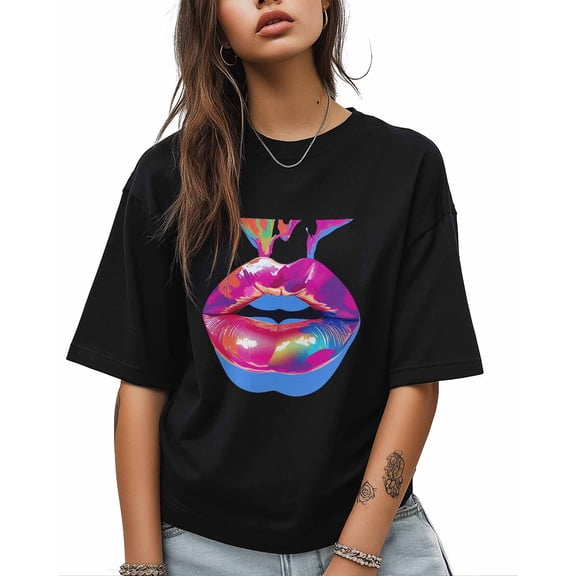 T Shirts for Women Short Sleeve Cotton Crewneck T-Shirt, Pink Gradient Lips Tee Tops Casual Basic T-Shirts, XS-5XL Black XS