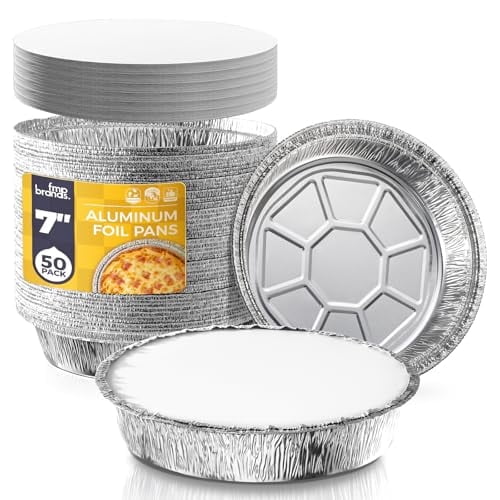 Fit Meal Prep 50 Pack 7” Round Aluminum Foil Pans with Lids, Pie Tins Disposable 7 inch with Lids, Take Out Containers, Freezer Oven Safe Aluminum Baking Pans for Storing, Cooking, Storage, Reheating