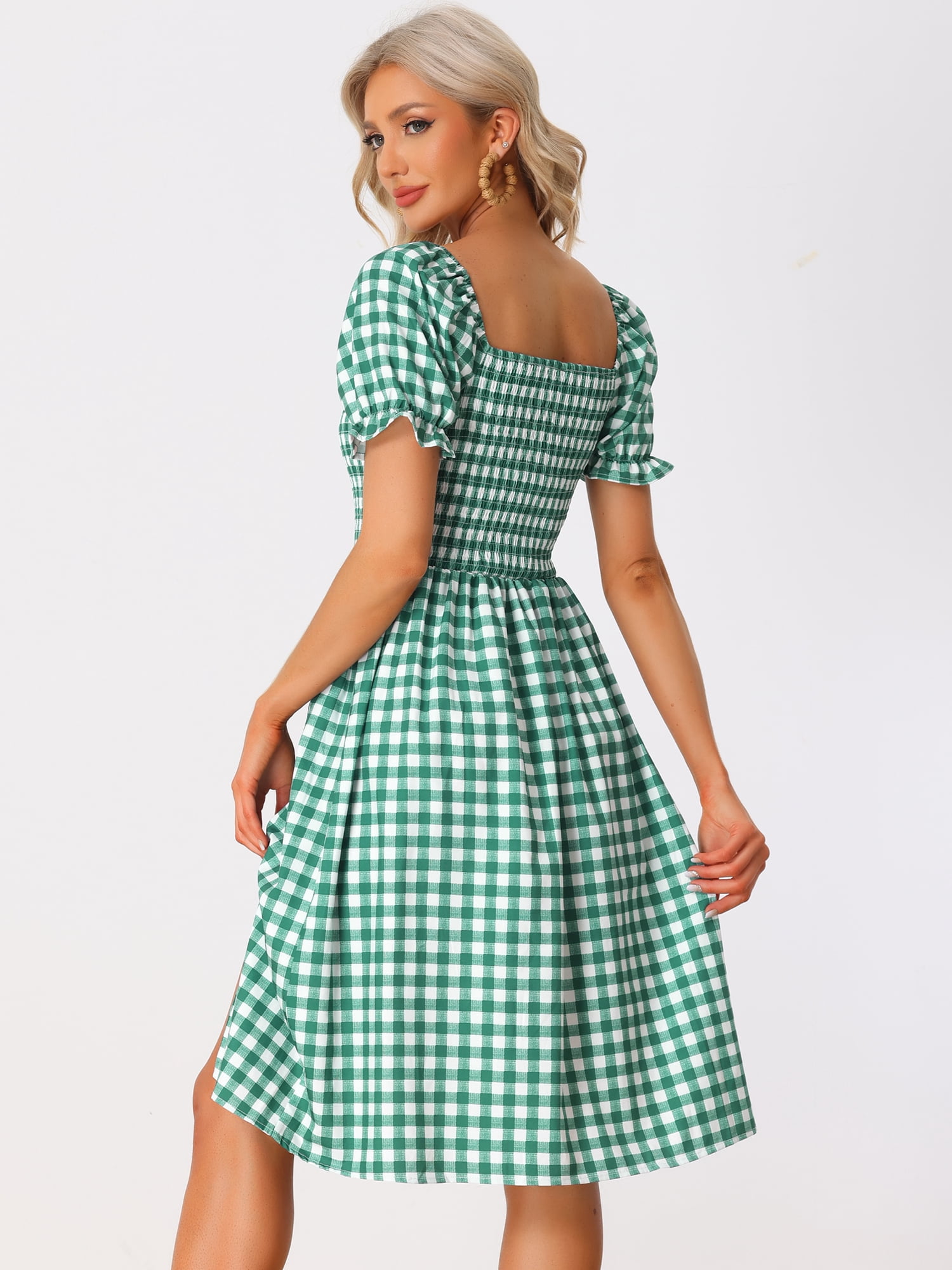 Unique Bargains Women's Gingham Short Sleeve Casual Plaid Smocked Dress L Green