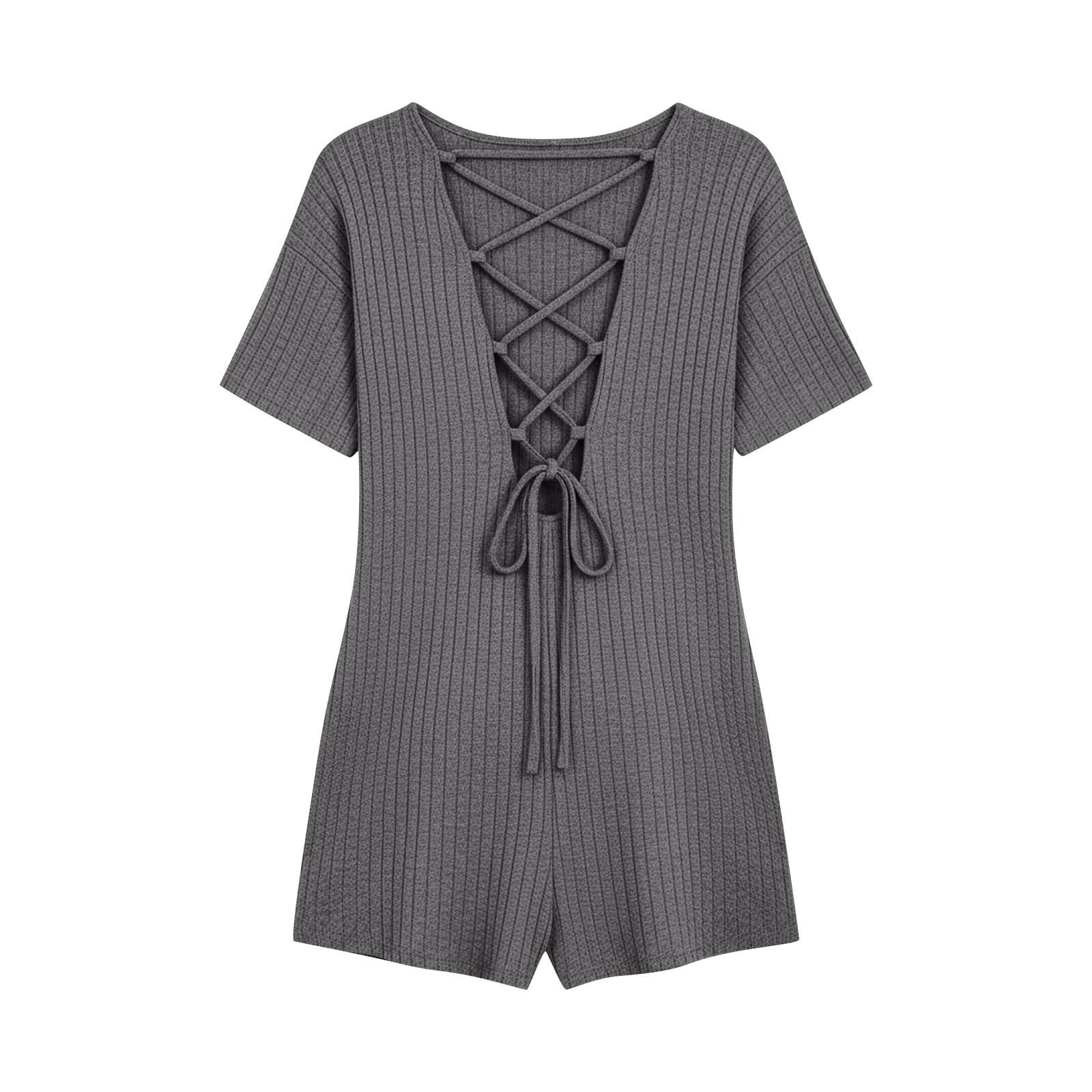 Dazajoo Knit Romper Women One Piece Short Sleeve Crewneck Rompers with Pockets Summer Casual Crisscross Lace-Up Back Shorts,Gray,M