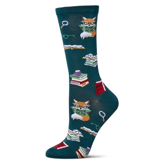 MeMoi Women's "Book Nerd" Rayon Blend Novelty Crew Sock - Womens - Female, 9-11, Dark Spruce