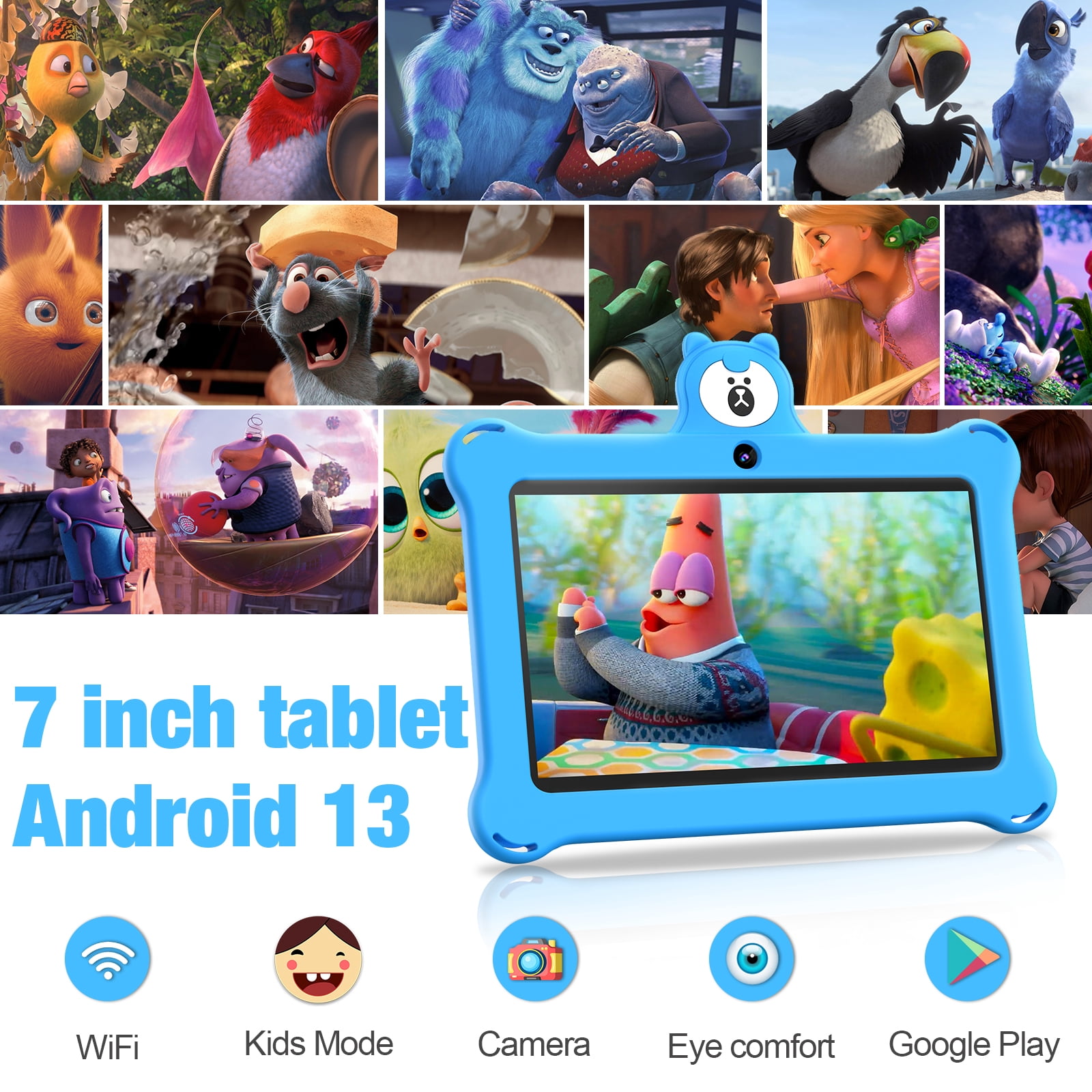 Kids Tablet 7 inch 32GB WiFi Android 13 Tablet For Kids| Bluetooth | Parental Control | Pre-Installed Learning Tablet Apps for Toddlers Children | with Shockproof Case(Blue)