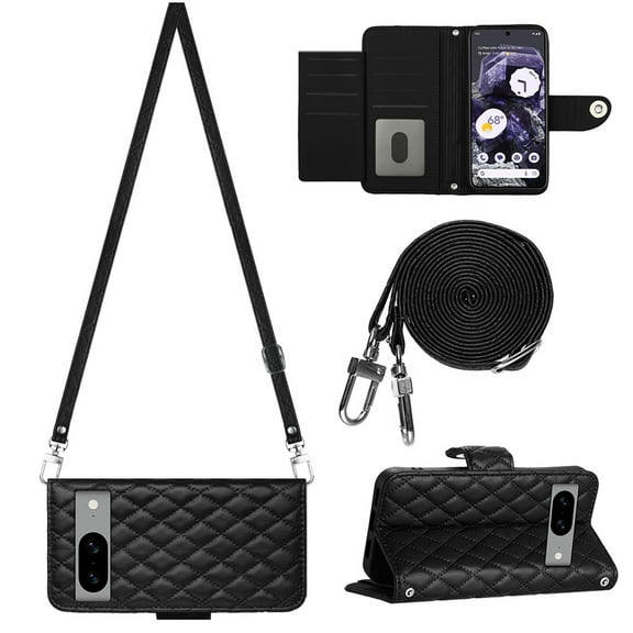 for Google Pixel 8 Wallet Case, Elegant Card Holder Cash Slot PU Leather Kickstand Shoulder Strap Shockproof Protective Flip Women Girls Case Cover for Google Pixel 8, Black