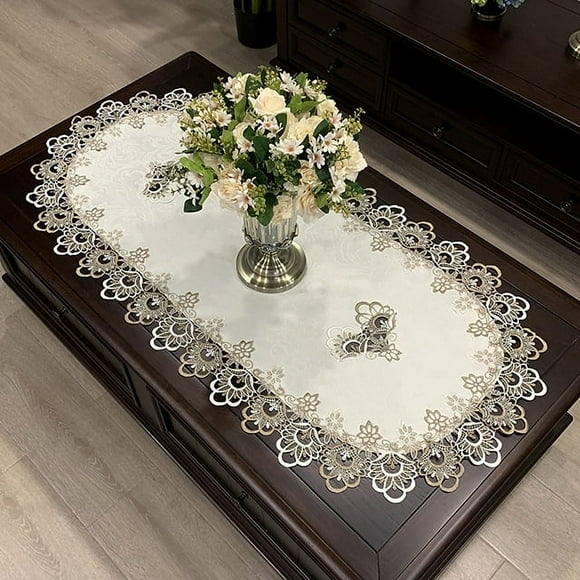 WCHUANG Embroidered Lace Table Runner, Coffee Table Runner Placemat Nightstand Dresser Scarf Table Centerpiece Doily
