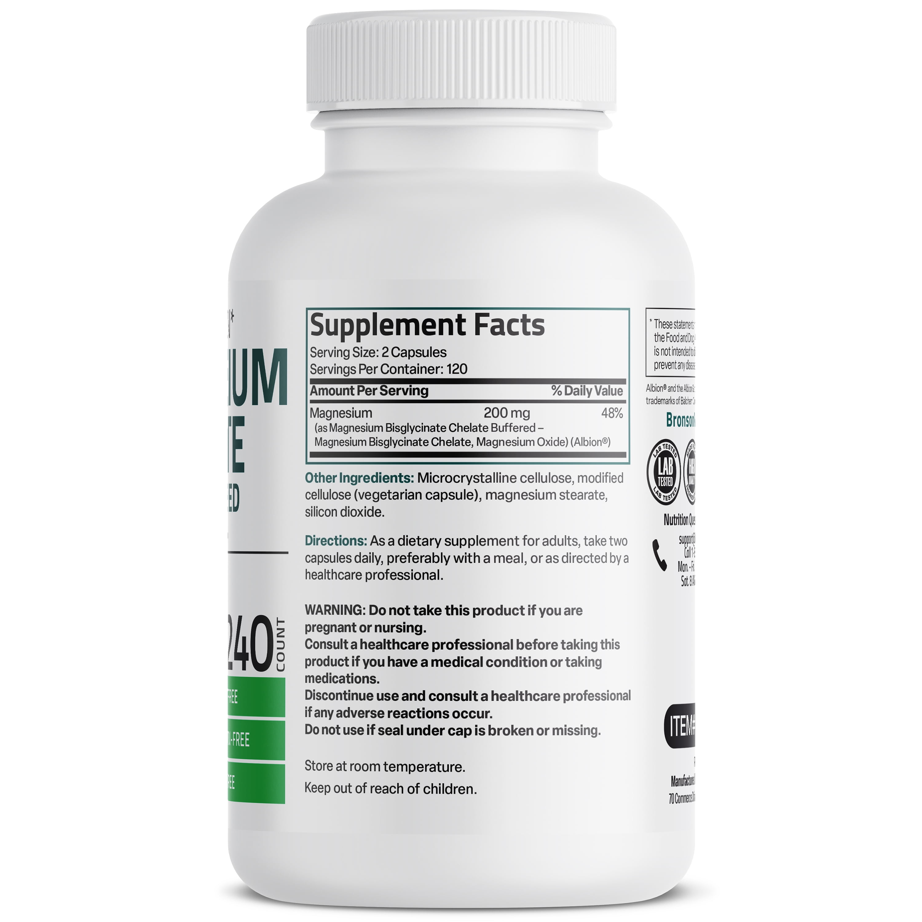 Bronson Magnesium Glycinate 200 MG per Serving Chelated for High Absorption, Gentle On Stomach, Non-GMO, 240 Vegetarian Capsules