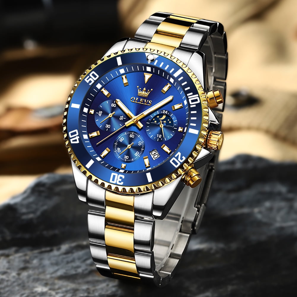 OLEVS Watches for Men Luxury Analog Quartz Chronograph Business Dress Gold Plated Stainless Steel Moon Phase Waterproof Luminous Date Casual Mens Wrist Watches Reloj Para Hombre