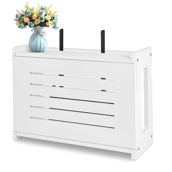 White Router Shelf Wall Mount WiFi Router Storage Box Modem Cable Router Cover Organized Power Strip Cable Management Hider Rack by Solid Wood