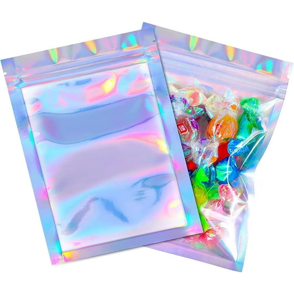 BGC Ziplock Bags 100pc Holographic Rainbow - Premium Mylar Zip-Top, SMELL PROOF, Air Tight, Transparent Sealing Baggies - Ideal for packaging jewelry, cosmetics, crafts, party favors. (2.5" x 4")