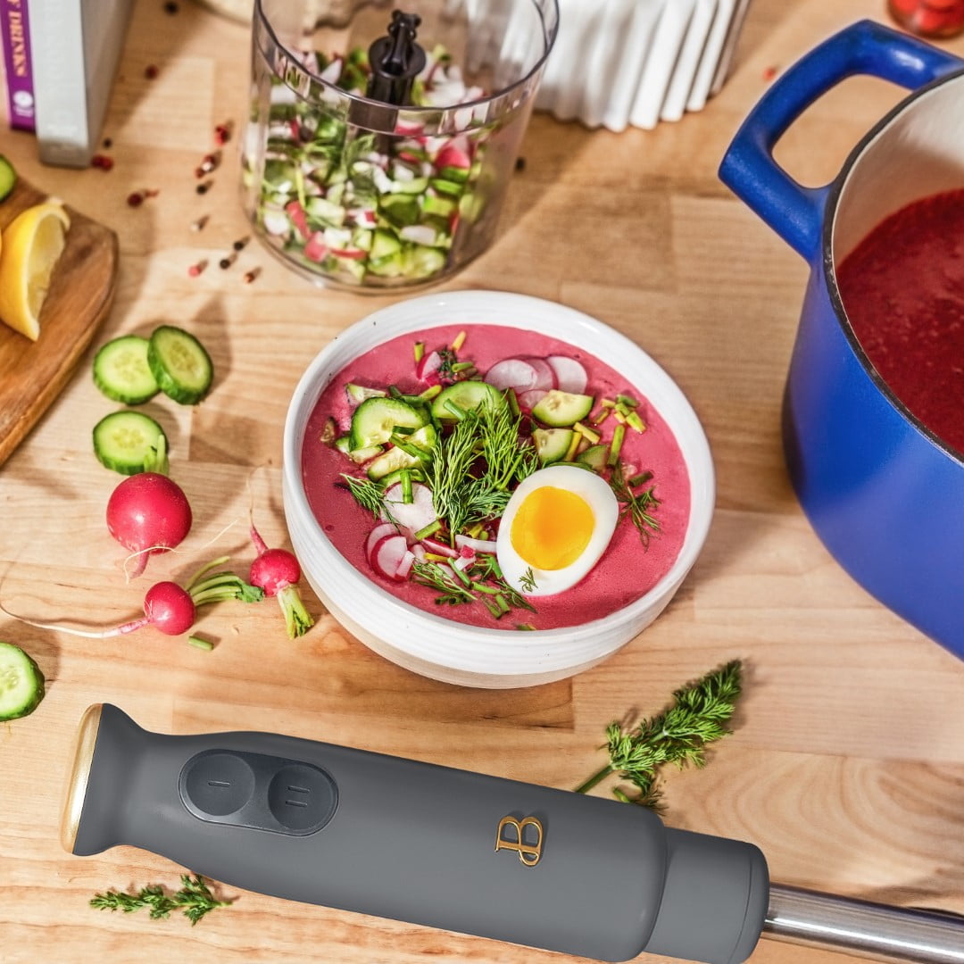 Beautiful 2-Speed Immersion Blender with Chopper & Measuring Cup, Oyster Grey by Drew Barrymore