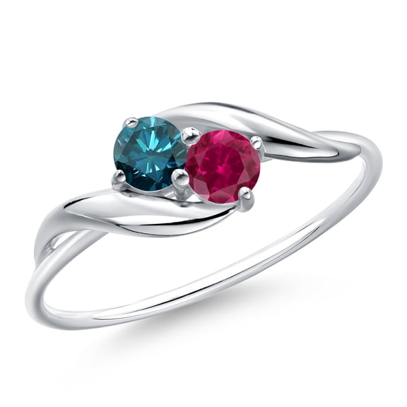 Gem Stone King 10K White Gold Round Blue Diamond and Red Created Ruby Ring for Women (0.40 Cttw, Round 3.5MM, Gemstone April Birthstone, Size 5)