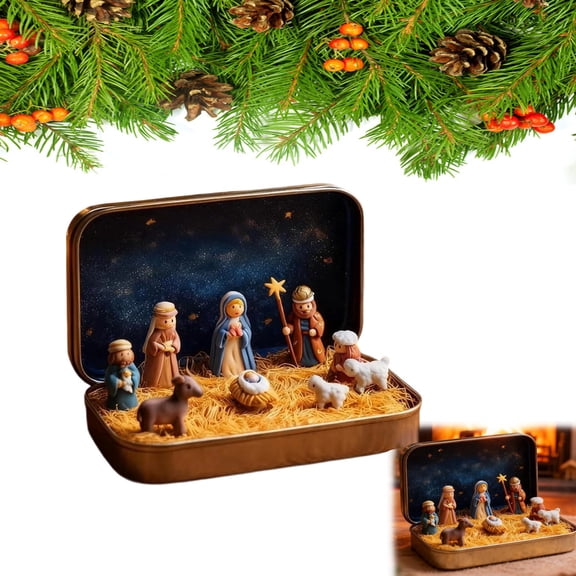 2026 Mini Christmas Nativity Set in a Tin Box, Portable Pocket Birth of Jesus Ornament, Pocket Nativity Scene with Holy Family Sheep and Jesus Figurines for Home Desk, Shelf, Office Decor
