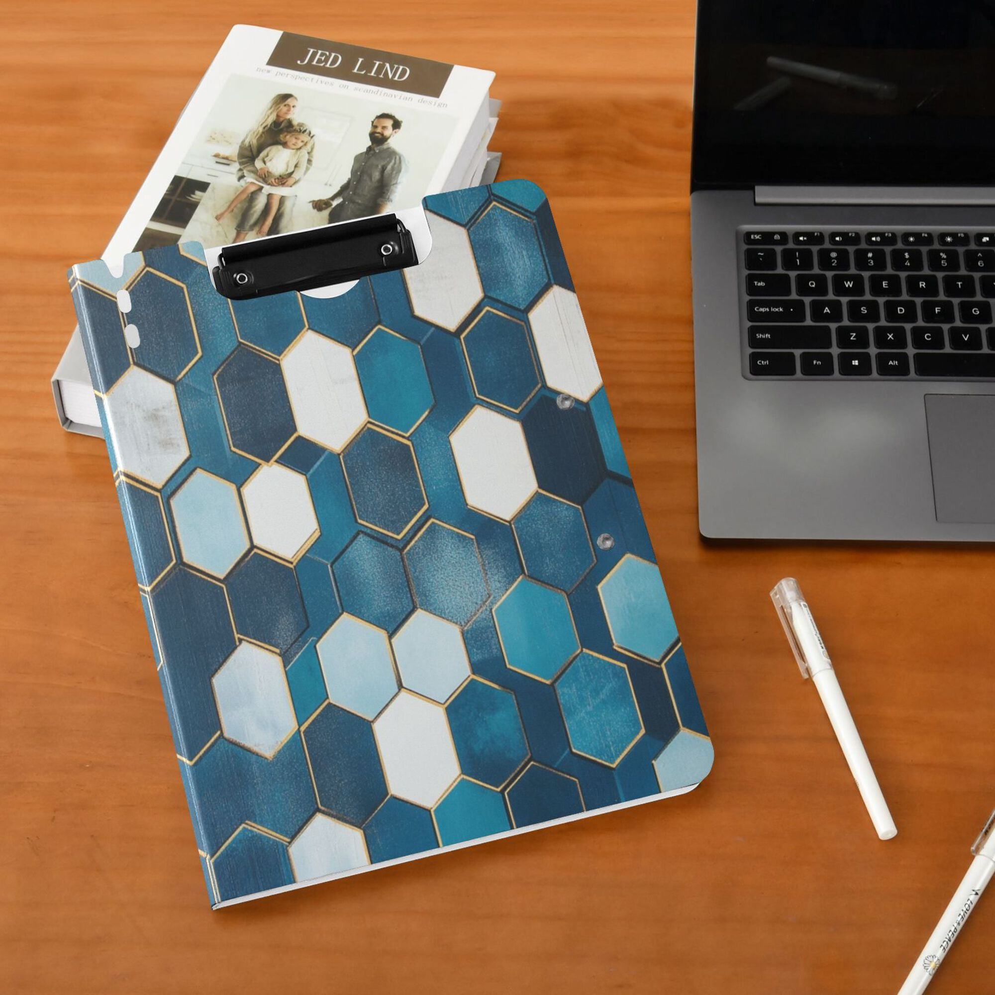 FORMRS A4 Clipboard Folder with Pen Holder Horizontal Foldable School Office Binder, Dark Blue Hexagon Patterns