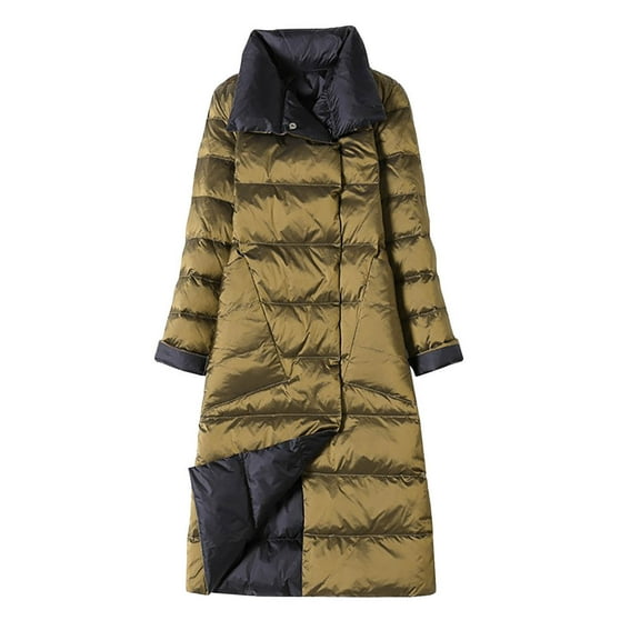 Xdegoge Long Puffer Jackets for Women Stand Collar Button Double Side Duck Down Coats Thick Solid Color Maxi Length Quilted Jacket with Pocket 2025 Warm Winter Cozy Overcoats