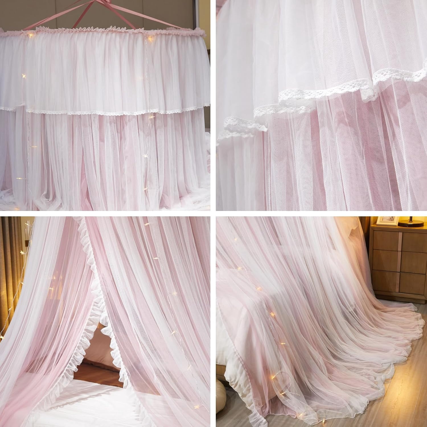 Princess Bed Canopy for Girls & Adults, Elegant Double-Layer Bed Curtain, Children's Dream Round Lace Mosquito Net, Princess Canopy Net - Fits Twin, Full, Queen, and King Beds (Light Gray)