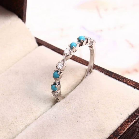 Round Shape Turquoise Gemstone Band 925 Sterling Silver Jewelry Half Eternity Band Moissanite Stackable Ring Personalised Band Gift For Wife