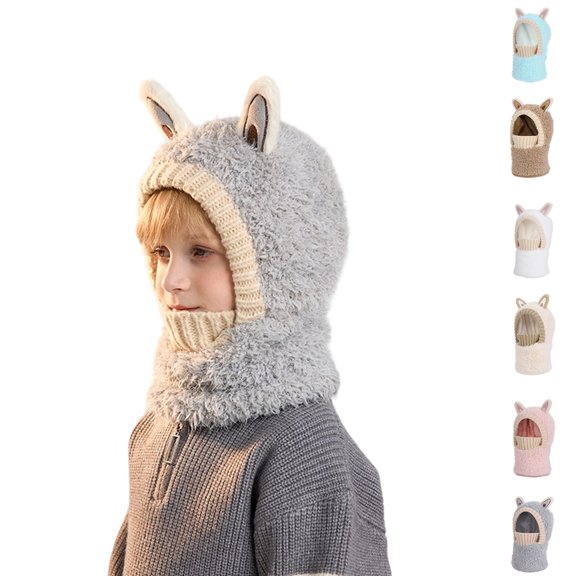 Kids Winter Balaclava Hat with Face Cover, Stretchable One Size Fits Children 4-10 Years, Plush Pullover Neck Warmer for Cold Weather Outdoor Activities