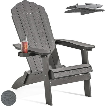 

Folding Adirondack Chair Fire Pit Chairs Patio Chairs Weather Resistant with Cup Holder HIPS Texture Adirondack Chairs Outdoor Chairs Grey