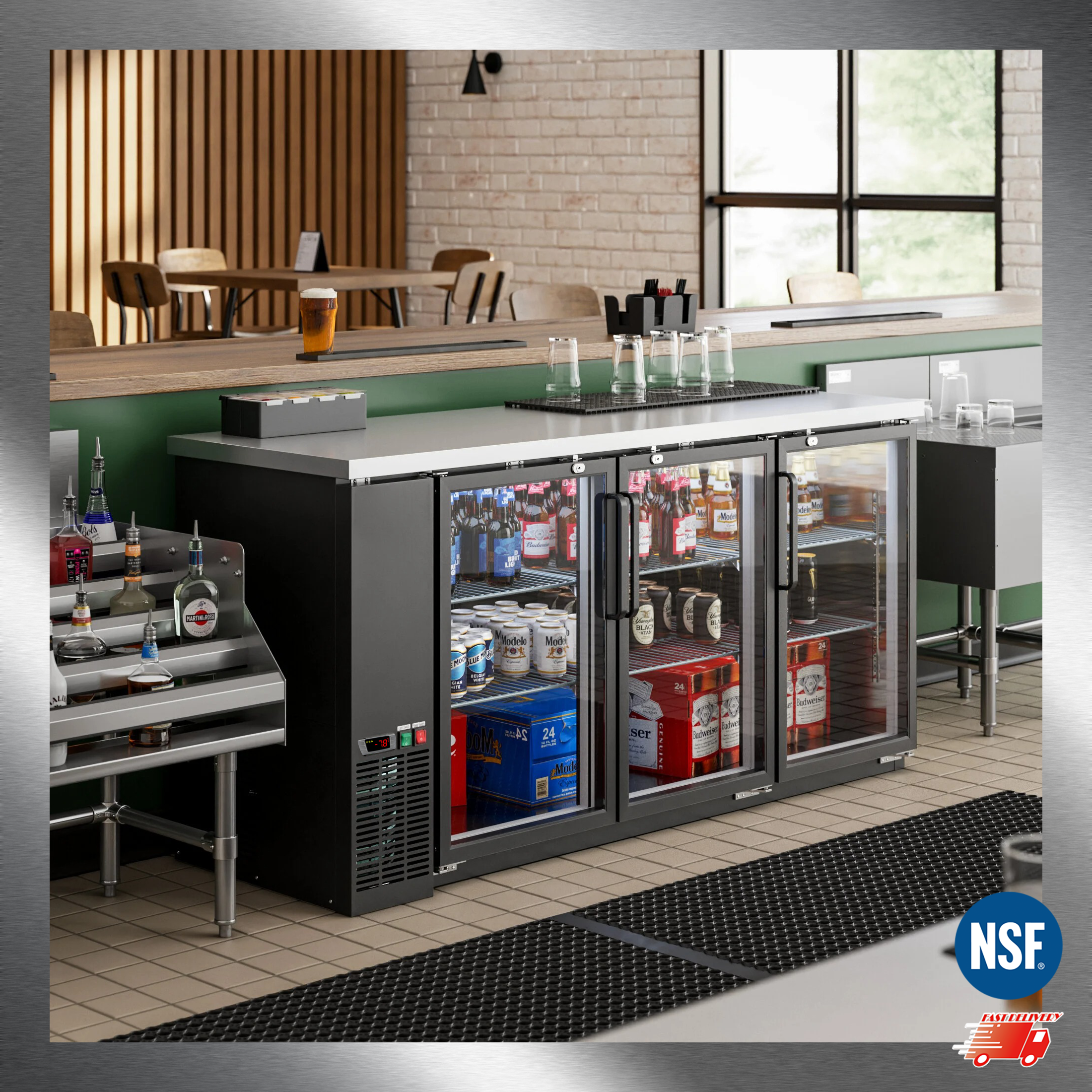 Cooler Depot NSF 72" Black Glass Door Beer Refrigerator, 19.6 cu ft, Keg Compatible, Model UBB24-72G