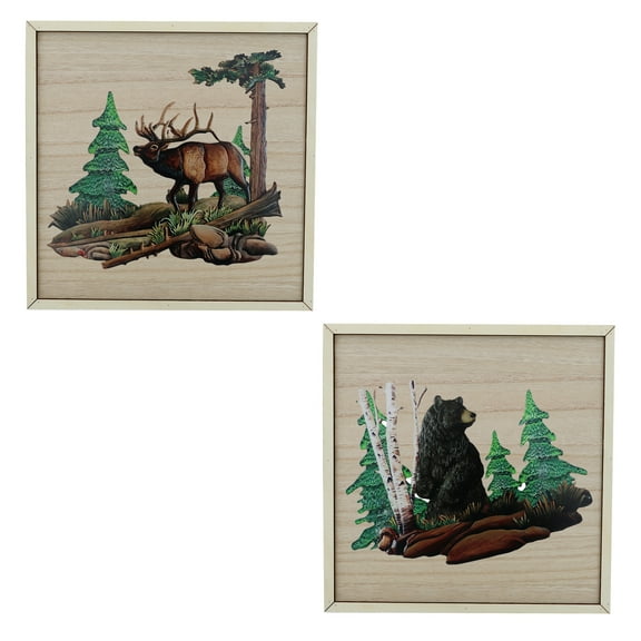 BVLFOOK DIY Wood and Metal Cabin wall Art Decor with Bear and Moose - Woodland Rustic Hanging Wall Decoration for Home, Log Cabin, Hunting Mountain Lodge, Metal Wildlife Theme Decor Set of 2