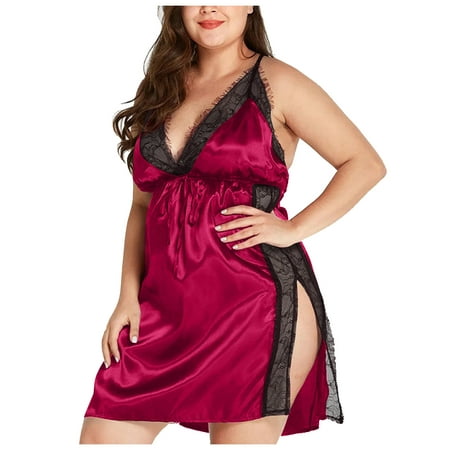 

QENGING Lingerie for Women Plus Size Sexy Eyelashes Halter Lace V Neck Nightdress With Side Slits Deals of The Day